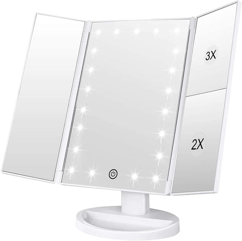 Lighted Makeup Mirror, Tri-fold Vanity Mirror with 3X/2X/1X Magnification